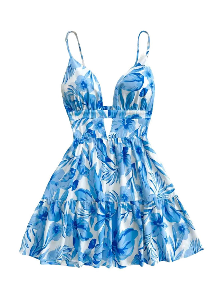 Blue 1960s Floral Cut-Out V-Neck Dress