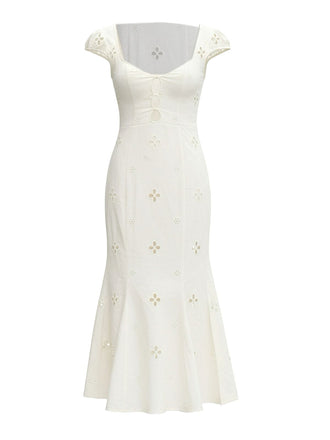 White 1960s Floral Cutout Cap Sleeve Fishtail Dress
