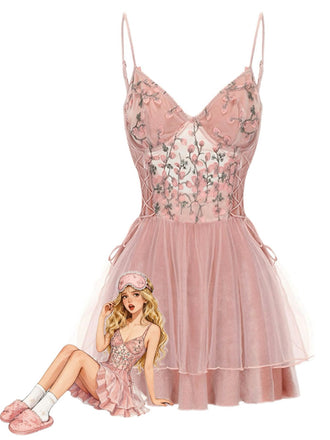 Dark Pink 1980s Floral Velvet Slip Sleepwear