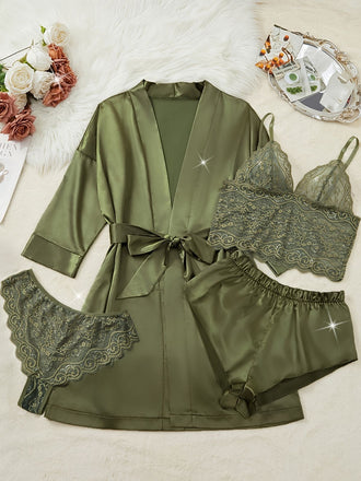 Green 1950s Solid Lace & Satin Pajama Set