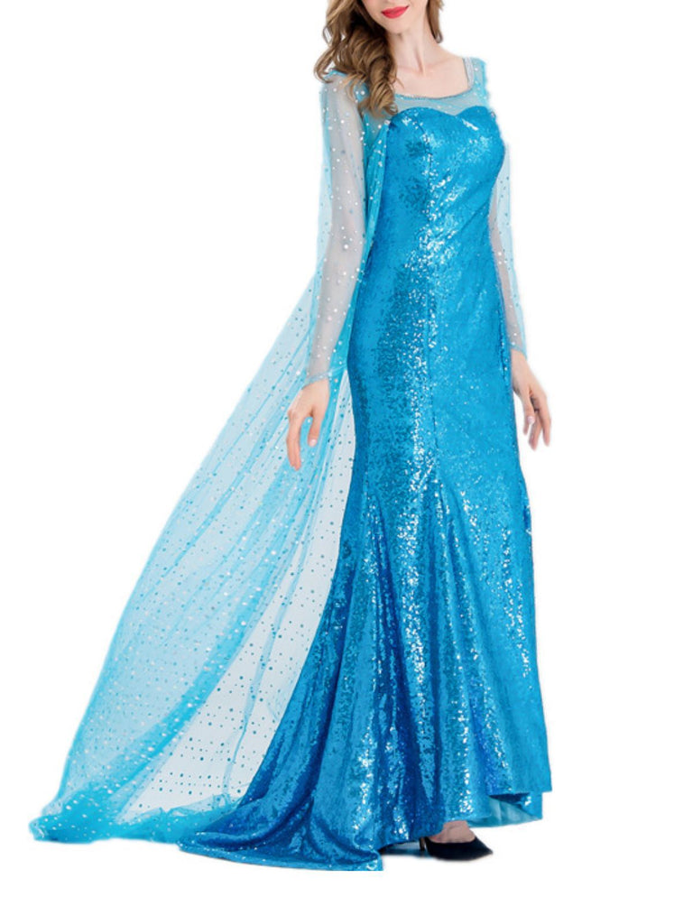 Blue 1970s Solid Sequined Elsa Cape & Dress