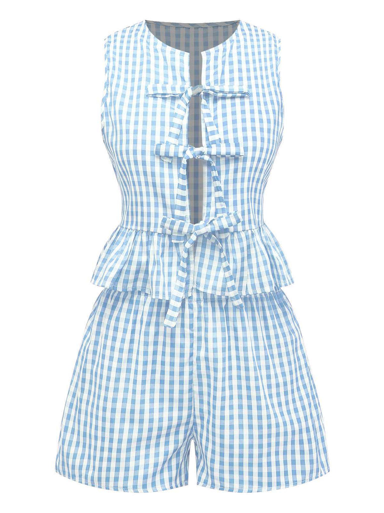 2PCS 1950s Plaid Ruffled Bow Vest & Shorts