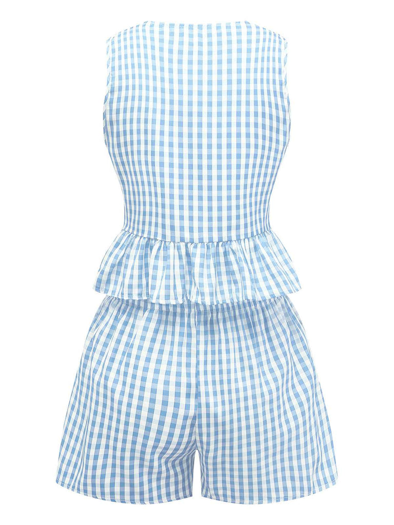2PCS 1950s Plaid Ruffled Bow Vest & Shorts