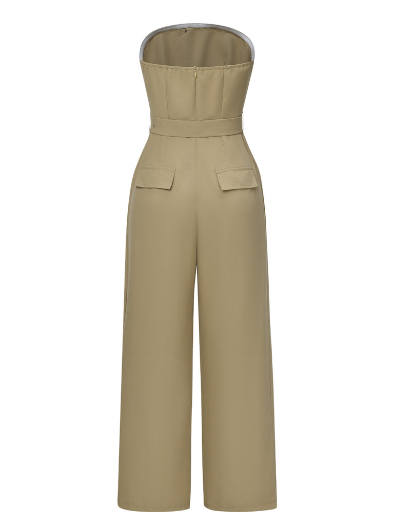 Camel 1930s Solid Strapless Belt Jumpsuit, vintage romper, retro jumpsuit - perfect for women who love vintage and retro fashion