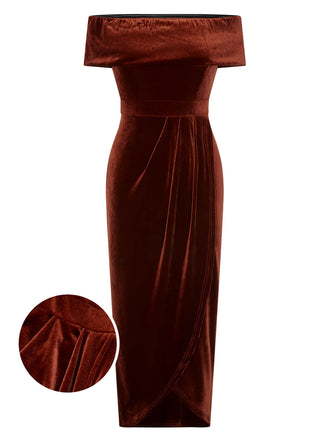 She slips into this Caramel Color 1960s Off-Shoulder Tulip Velvet Dress and suddenly it's a 1960s daydream
