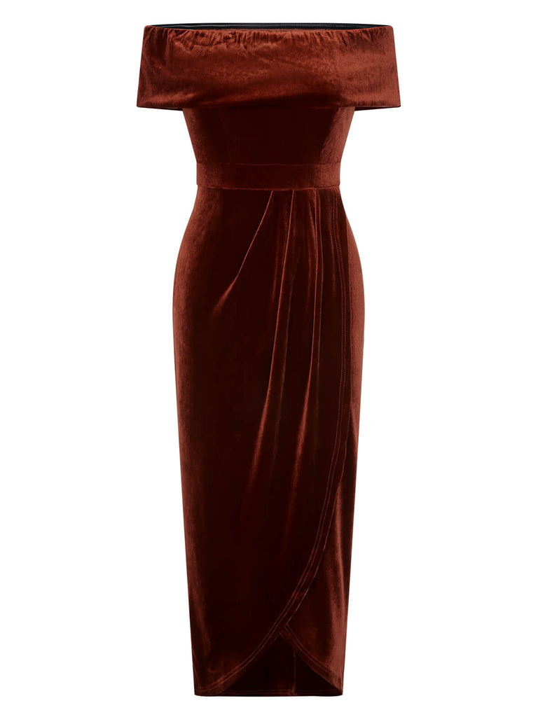 Caramel Color 1960s Off-Shoulder Tulip Velvet Dress, vintage dress, retro fashion - perfect for women who love vintage and retro fashion