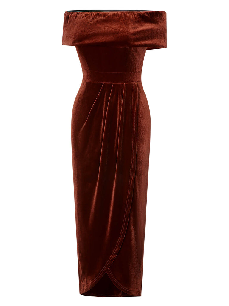 This Caramel Color 1960s Off-Shoulder Tulip Velvet Dress wraps her in 1960s elegance, one twirl at a time