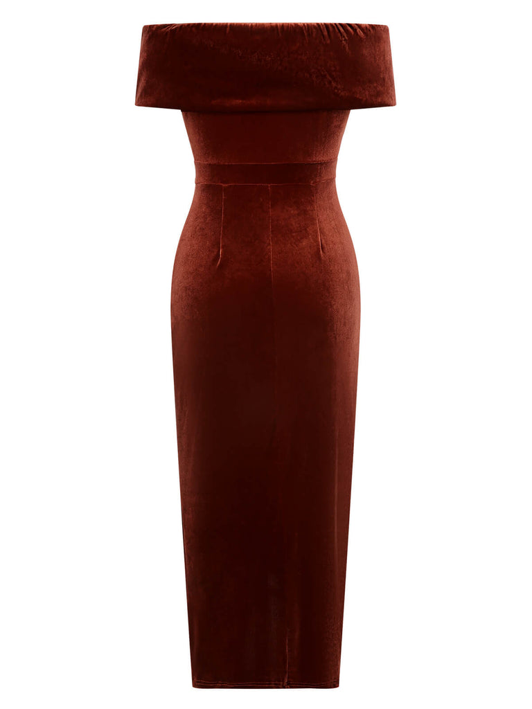 Caramel Color 1960s Off-Shoulder Tulip Velvet Dress — the kind of 1960s dress that makes strangers smile