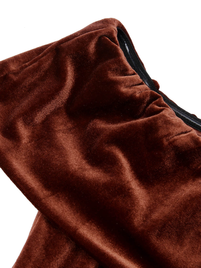 Caramel Color 1960s Off-Shoulder Tulip Velvet Dress — a 1960s silhouette that turns sidewalks into runways