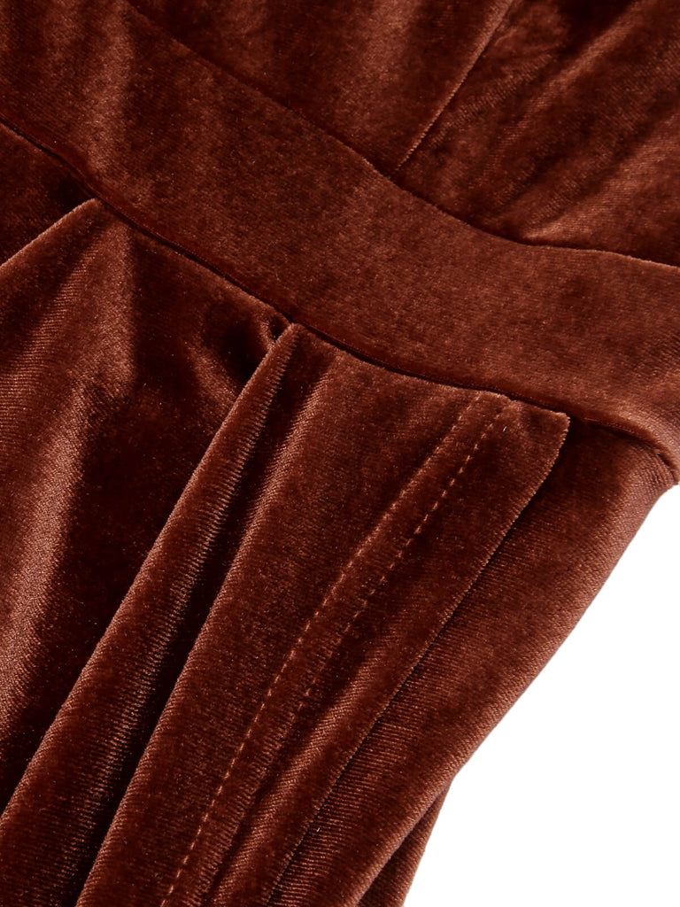 She slips into this Caramel Color 1960s Off-Shoulder Tulip Velvet Dress and suddenly it's a 1960s daydream