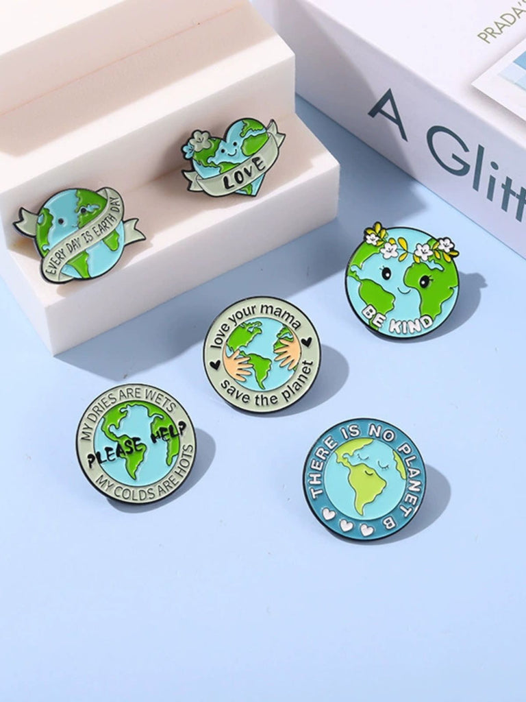Cartoon Earth Day Letters Round Brooch - vintage fashion, retro style