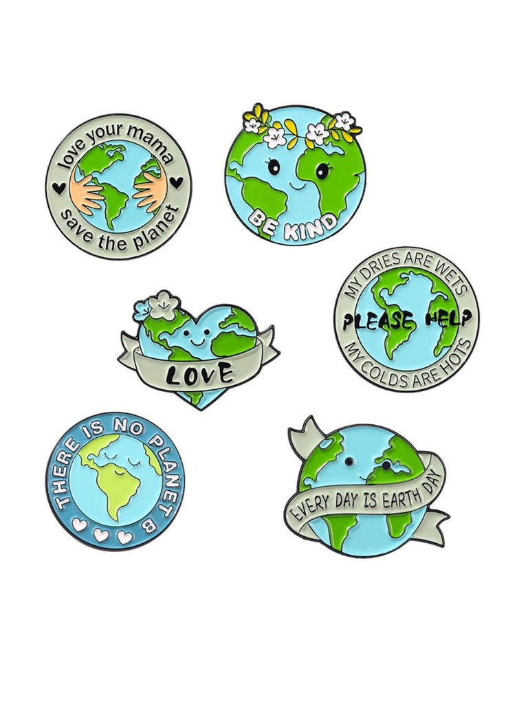 Cartoon Earth Day Letters Round Brooch - vintage fashion, retro style