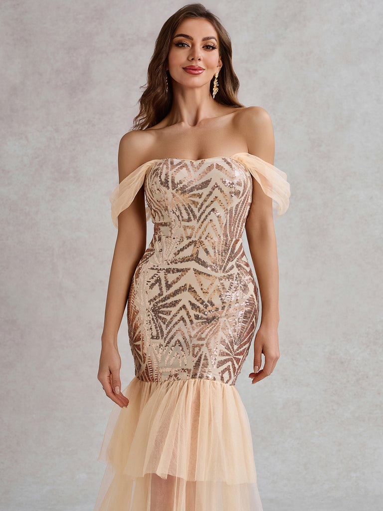 Champagne 1920s Off-Shoulder Sequined Mesh Dress | Retro Stage Champagne 1920s Off-Shoulder Sequined Mesh Dress | Retro Stage