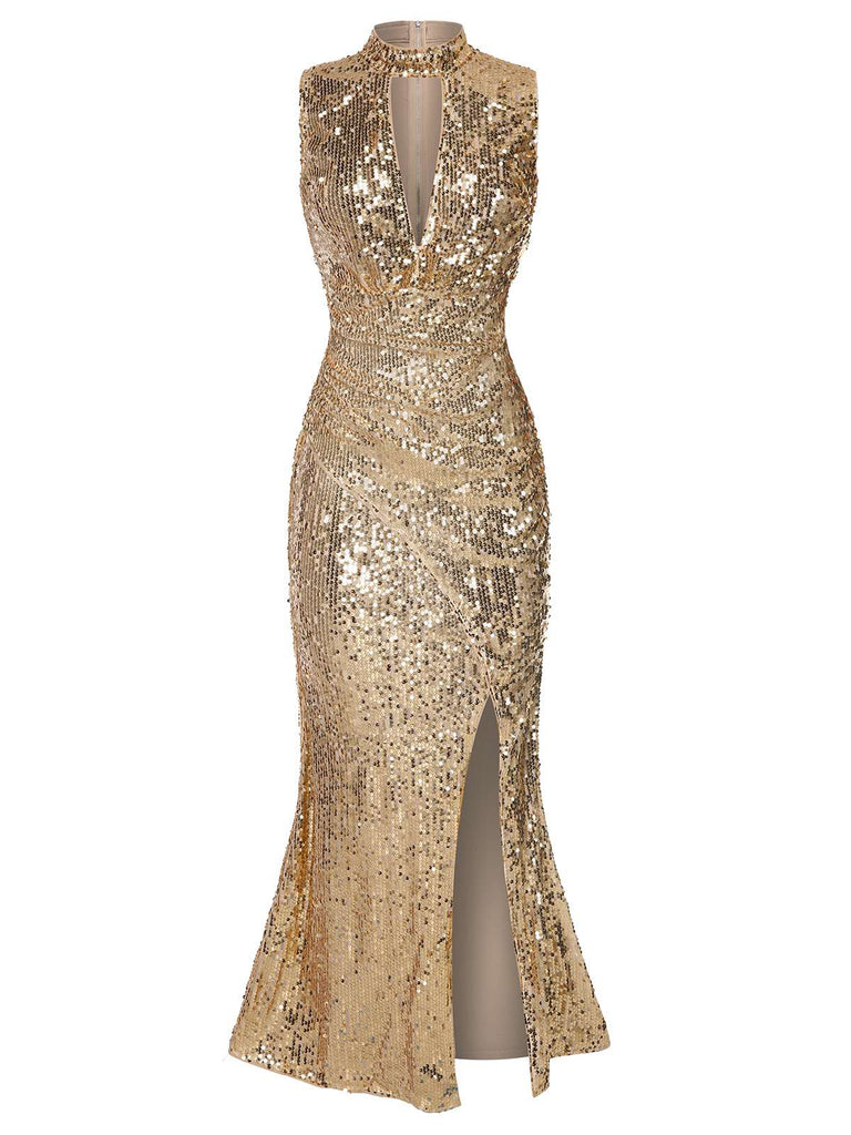 Mermaid Prom Dress Sleeveless Halter Keyhole Ruched Sequin High Slit Maxi Dress Mermaid Prom Dress Sleeveless Halter Keyhole Ruched Sequin High Slit Maxi Dress