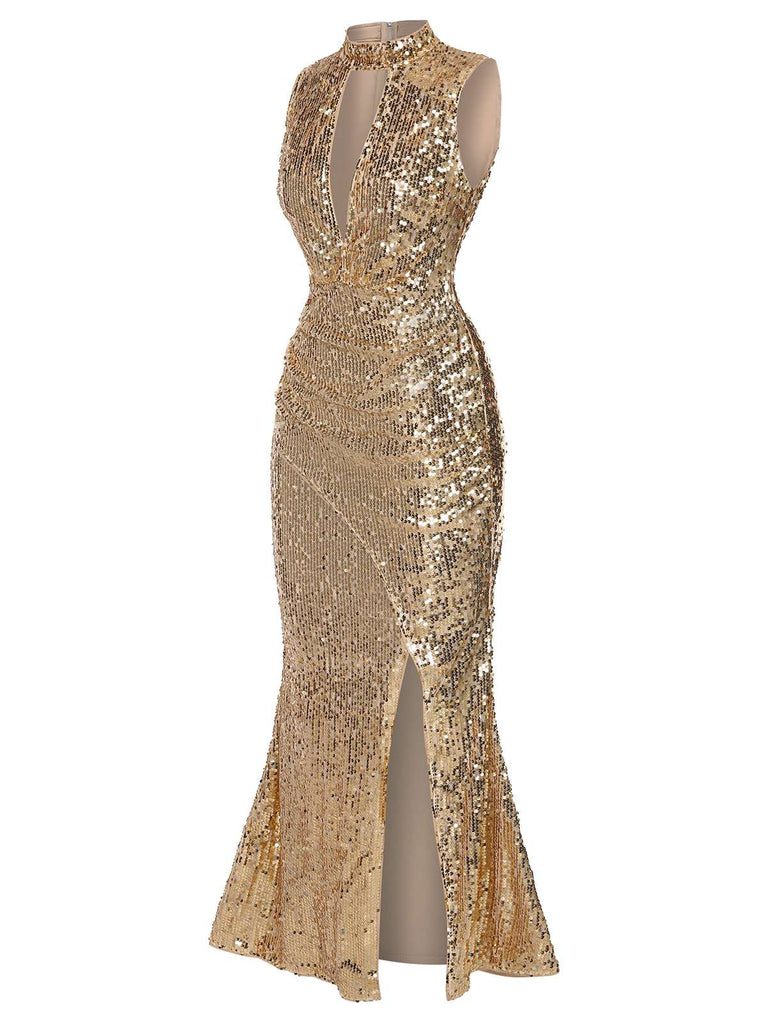 Mermaid Prom Dress Sleeveless Halter Keyhole Ruched Sequin High Slit Maxi Dress Mermaid Prom Dress Sleeveless Halter Keyhole Ruched Sequin High Slit Maxi Dress