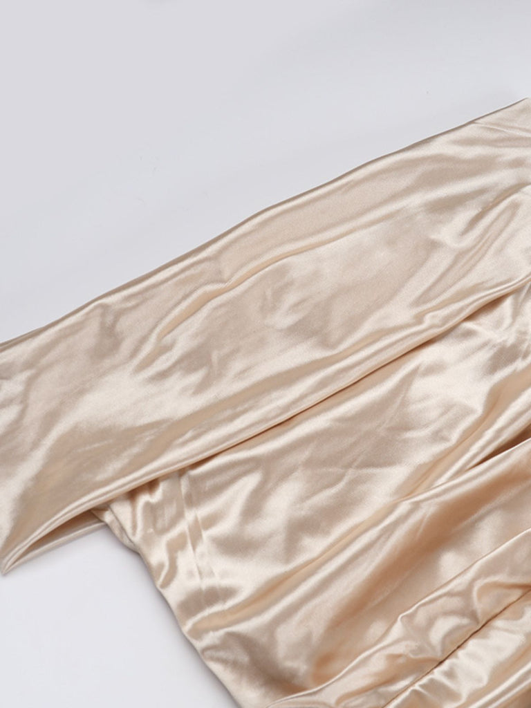 Champagne 1930s Off Shoulder Slit Satin Dress - vintage dress, retro fashion