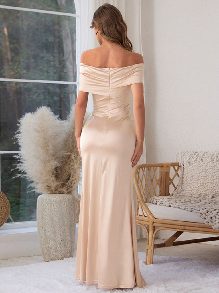Champagne 1930s Off Shoulder Slit Satin Dress Champagne 1930s Off Shoulder Slit Satin Dress