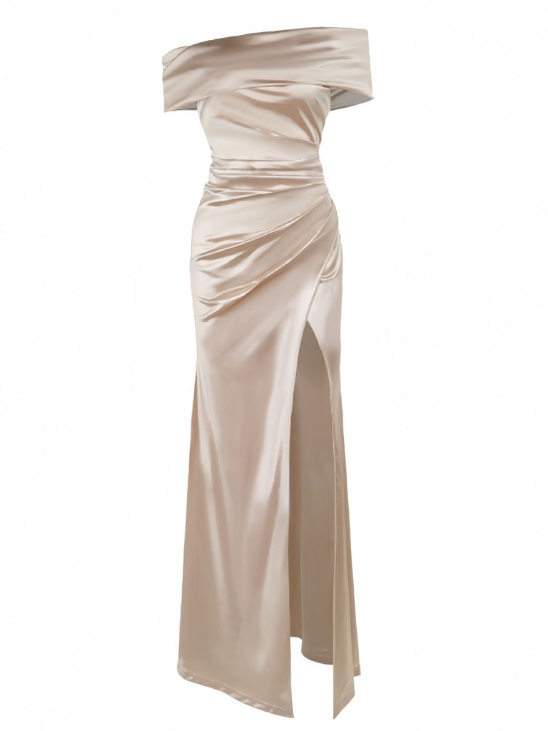 Champagne 1930s Off Shoulder Slit Satin Dress - vintage dress, retro fashion