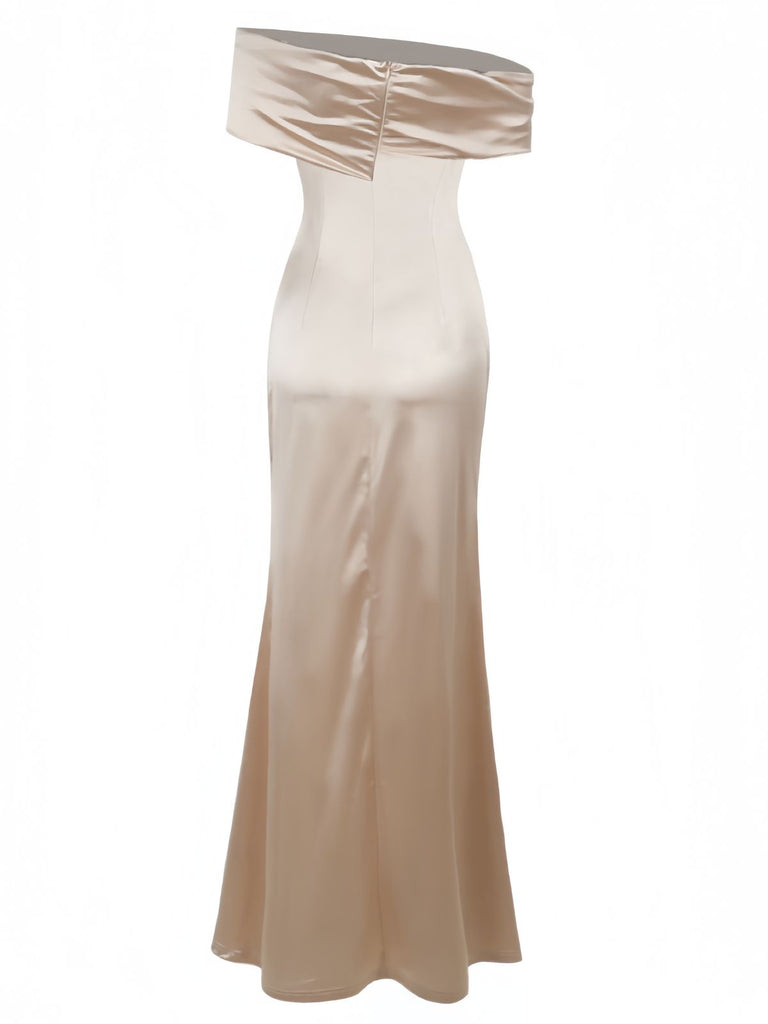 champagne satin off the shoulder draped skirt midi dress Champagne Satin Draped Midi Dress