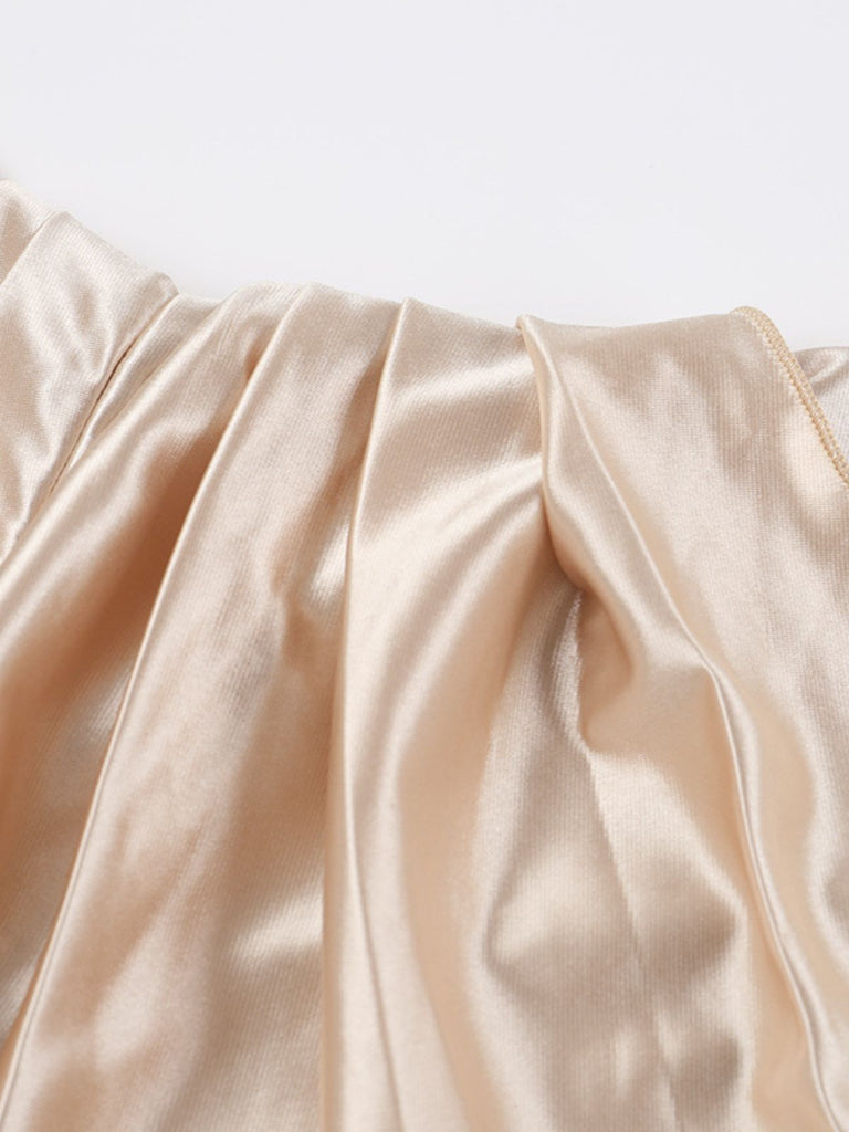 Champagne 1930s Off Shoulder Slit Satin Dress - vintage dress, retro fashion