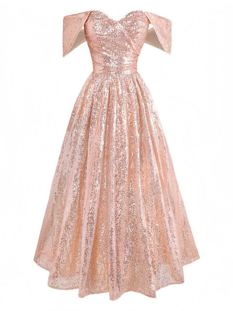 A-Line Rose Gold Sequin Vintage Cocktail Dress | Off-Shoulder Sweetheart Floor Length Evening Gown A-Line Rose Gold Sequin Vintage Cocktail Dress | Off-Shoulder Sweetheart Floor Length Evening Gown