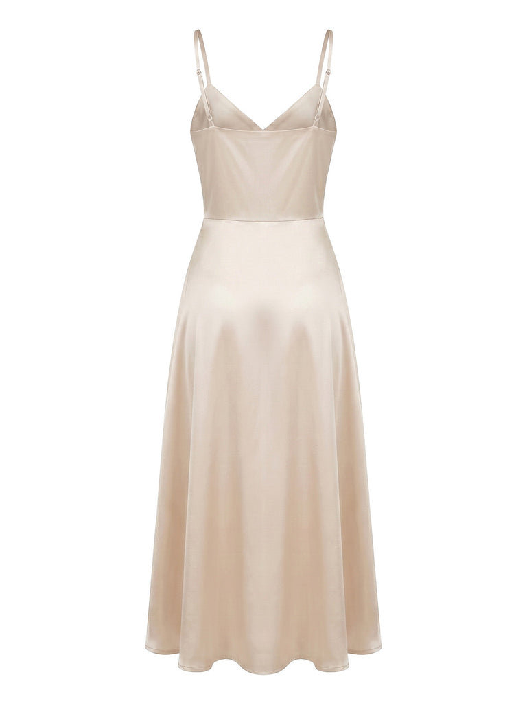 Champagne 1930s Satin V-Neck Belted Spaghetti Strap Dress, vintage dress, retro fashion - perfect for women who love vintage and retro fashion