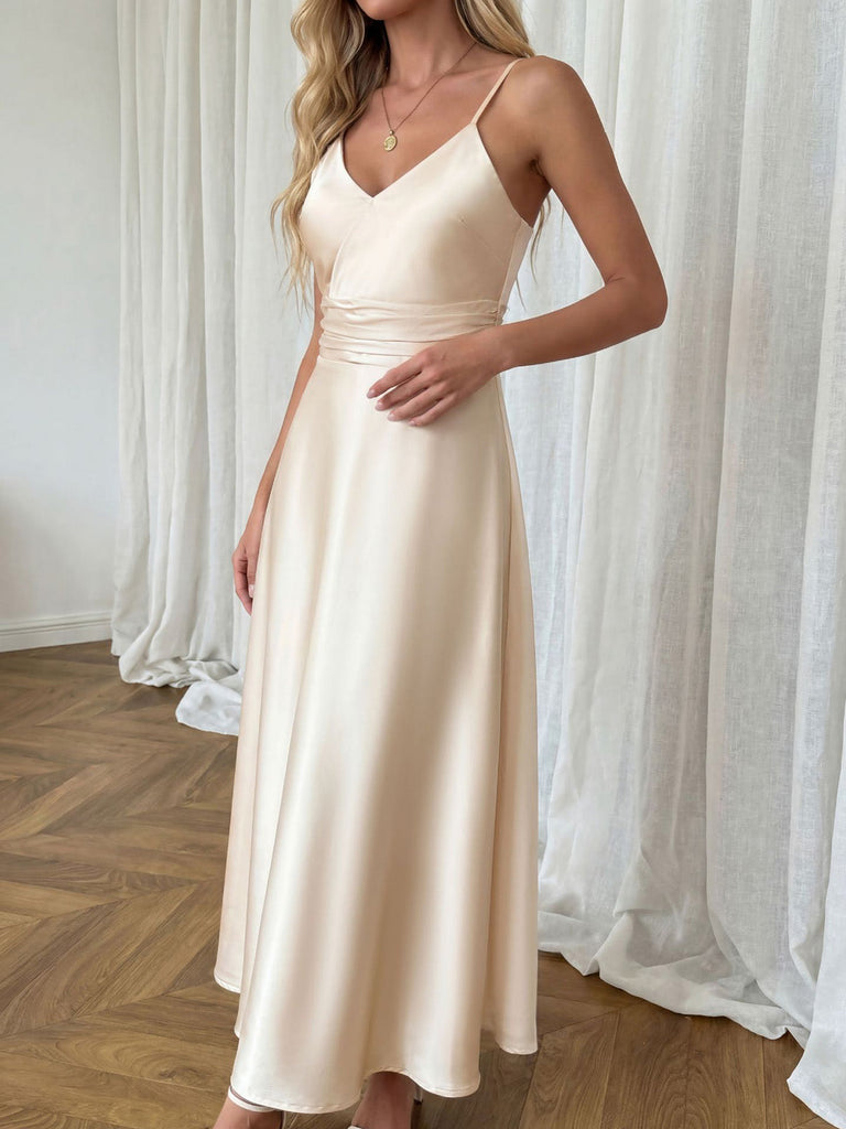 Champagne 1930s Satin V-Neck Belted Spaghetti Strap Dress, vintage dress, retro fashion - perfect for women who love vintage and retro fashion