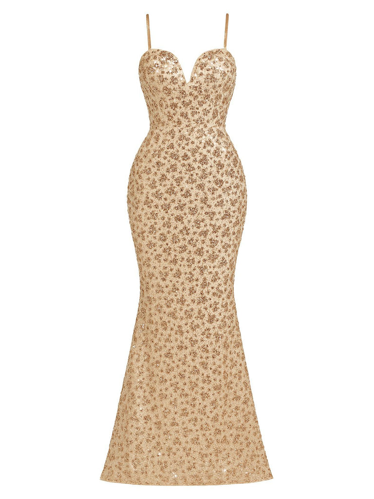 Champagne 1930s Sequined Backless Evening Dress - vintage dress, retro fashion