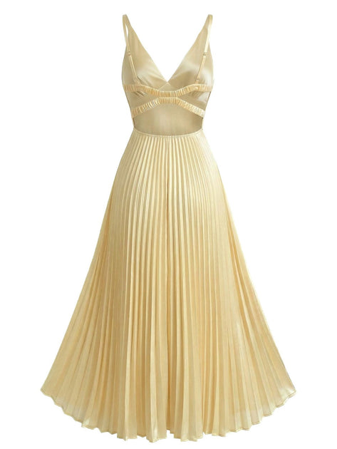 Champagne 1950s Satin Backless Pleated Dress | Retro Stage