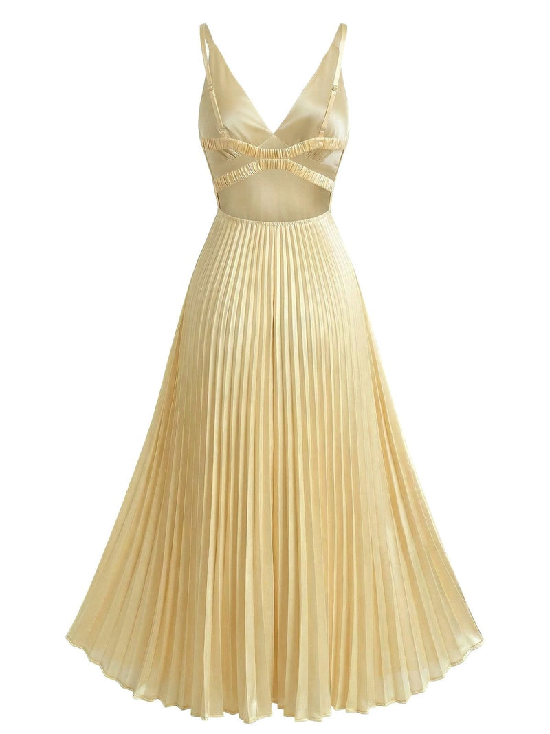 strapless open back dress Champagne 1950s Satin Backless Pleated Dress