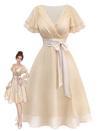 A-Line Cocktail Dress Retro Stage Pleated V-Neck Chiffon Midi Dress with Satin Belt A-Line Cocktail Dress Retro Stage Pleated V-Neck Chiffon Midi Dress with Satin Belt