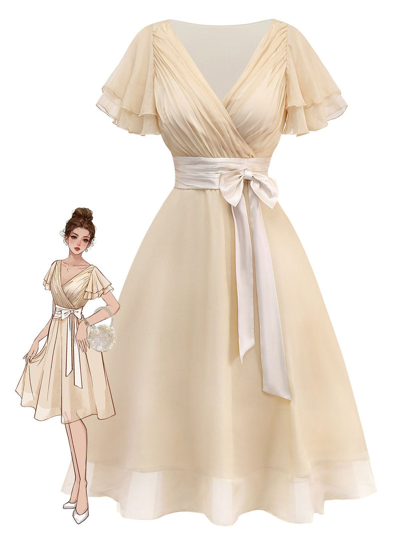 Champagne 1950s Satin Belt Tulle Cocktail Dress | Retro Stage Champagne 1950s Satin Belt Tulle Cocktail Dress | Retro Stage
