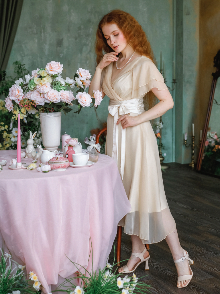 Champagne 1950s Satin Belt Tulle Cocktail Dress, vintage dress, retro fashion, rockabilly, pin-up fashion - perfect for women who love vintage and retro fashion