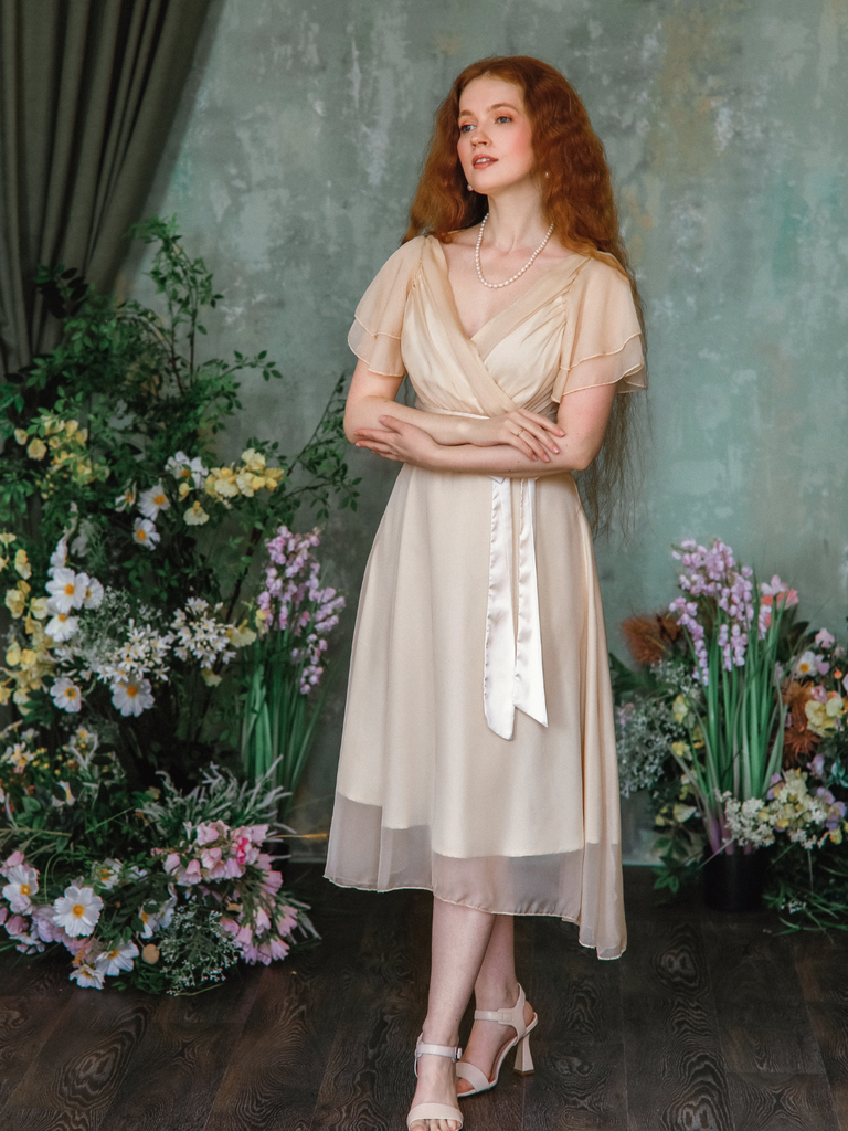 Champagne 1950s Satin Belt Tulle Cocktail Dress, vintage dress, retro fashion, rockabilly, pin-up fashion - perfect for women who love vintage and retro fashion