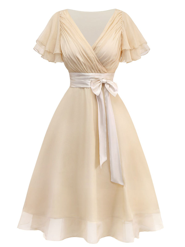 A-Line Cocktail Dress Pleated V-Neck Chiffon Midi Dress with Satin Belt A-Line Cocktail Dress Pleated V-Neck Chiffon Midi Dress with Satin Belt