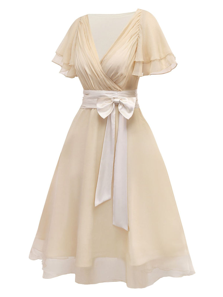 vintage cocktail dress A-Line Cocktail Dress Retro Stage Pleated V-Neck Chiffon Midi Dress with Satin Belt