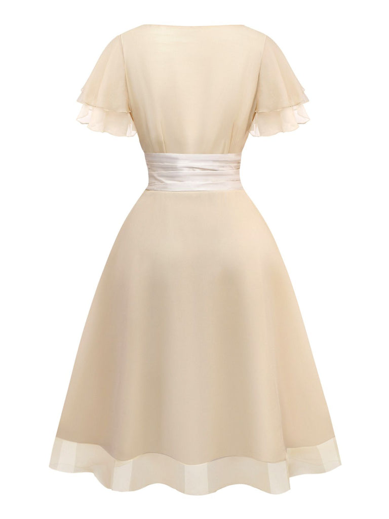 A-Line Cocktail Dress Retro Stage Pleated V-Neck Chiffon Midi Dress with Satin Belt A-Line Cocktail Dress Retro Stage Pleated V-Neck Chiffon Midi Dress with Satin Belt