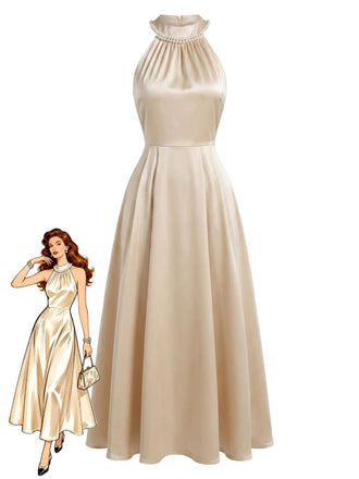 Champagne 1950s Satin Halter Sleeveless Dress 2