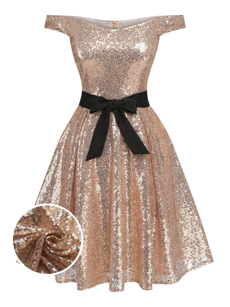 Champagne 1950s Sequined Off-shoulder Dress | Retro Stage Champagne 1950s Sequined Off-shoulder Dress | Retro Stage