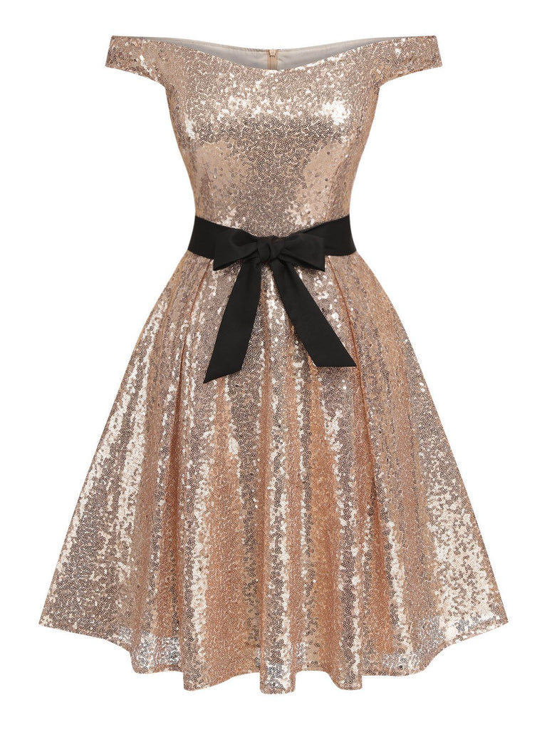 1950 dresses for women Champagne 1950s Sequined Off-shoulder Dress