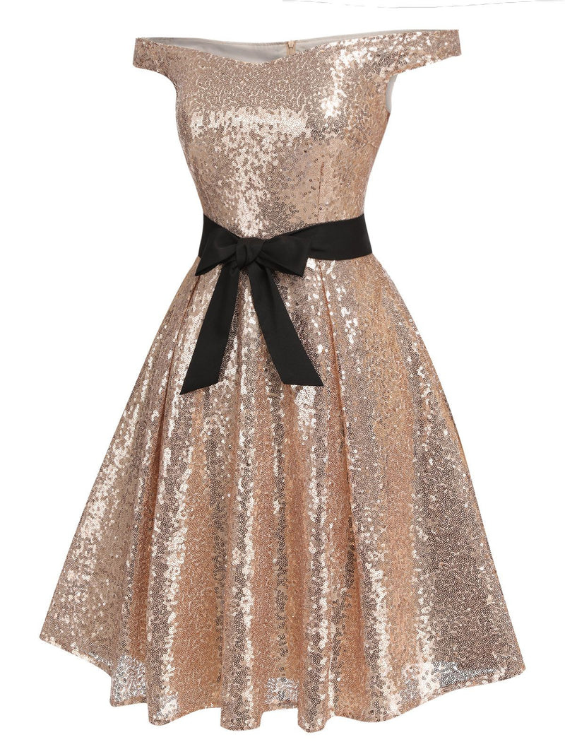 Champagne 1950s Sequined Off-shoulder Dress | Retro Stage Champagne 1950s Sequined Off-shoulder Dress | Retro Stage