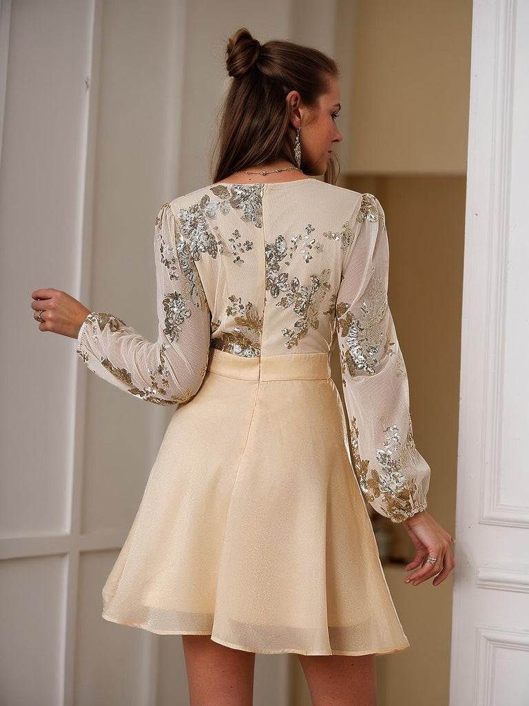 Champagne 1980s Gilded Long Sleeves Patchwork Dress, vintage dress, retro fashion - perfect for women who love vintage and retro fashion