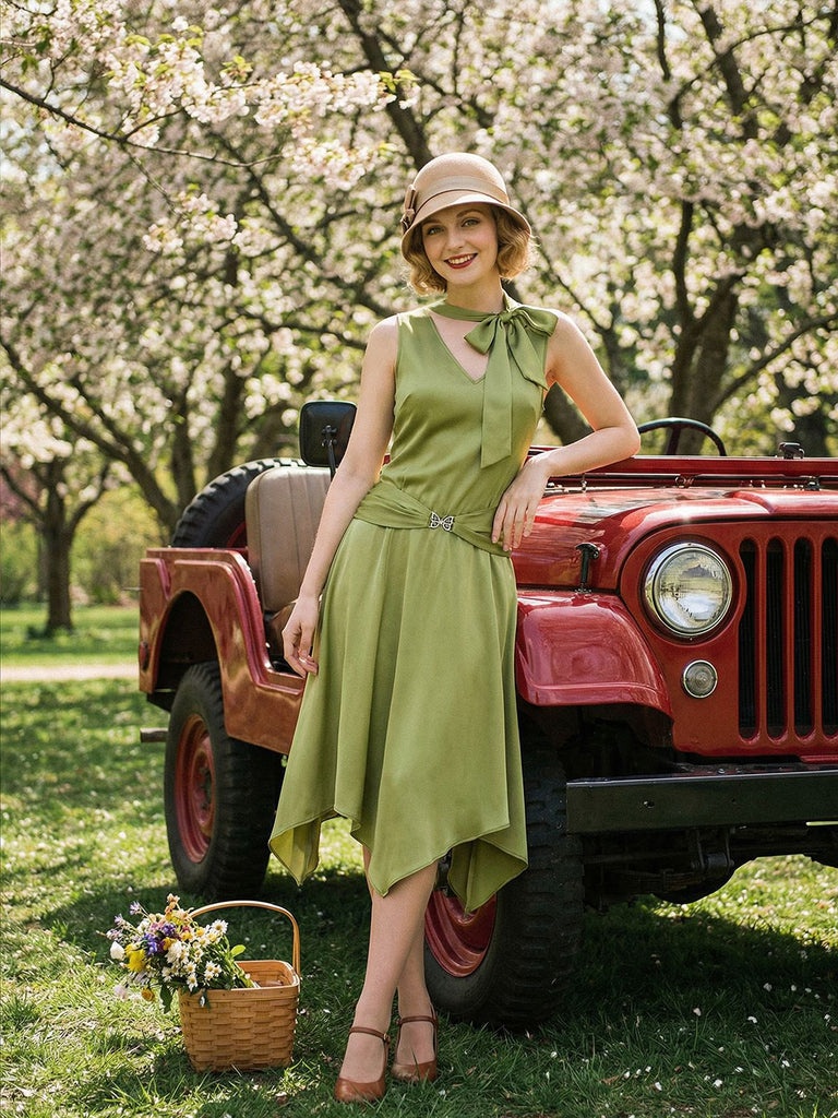 Chartreuse 1920s Shimmering Handkerchief Hem Dress - vintage dress, retro fashion, Gatsby party