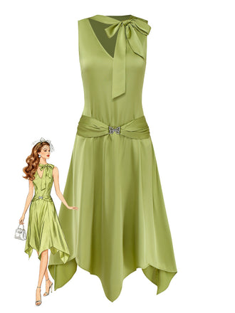 She slips into this Chartreuse 1920s Shimmering Handkerchief Hem Dress and suddenly it's a 1920s daydream