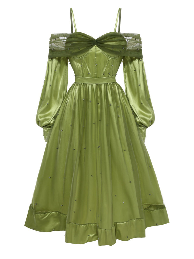 A-Line Lime Green Satin Off Shoulder Cocktail Dress