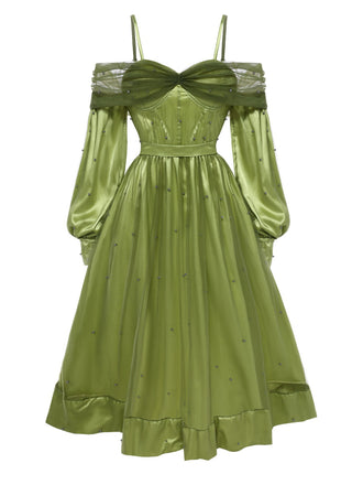 Chartreuse 1950s Pearl Mesh Patchwork Satin Dress - vintage dress, retro fashion, rockabilly