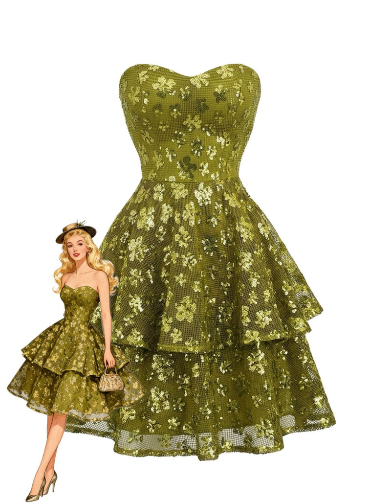 Chartreuse 1960s Sequined Evening Party Mini Dress