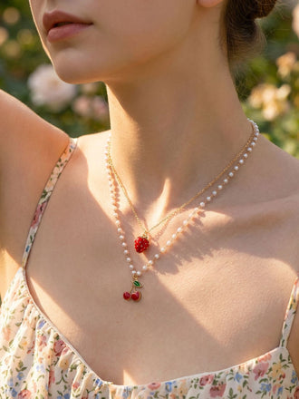 Cherry Strawberry Pearl Pendant Layered Necklace - vintage fashion, retro style, elegant red