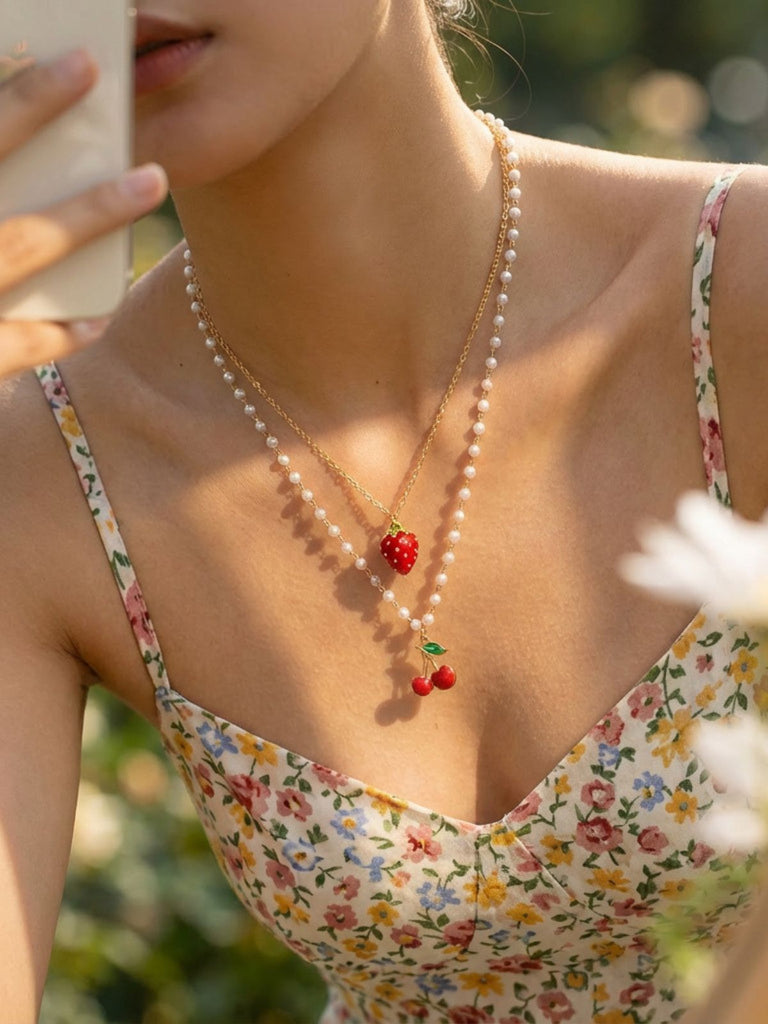 Woman wearing a floral dress and pearl necklace with a strawberry pendant.