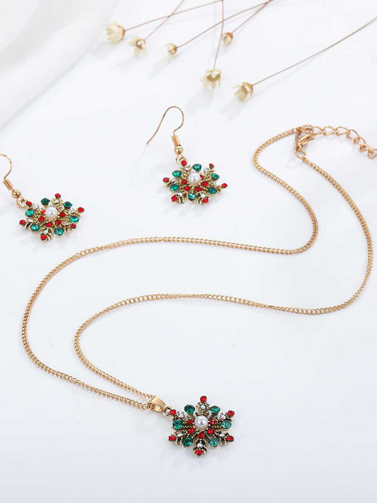 Christmas Alloy Diamond Snowflake Necklace Earring Set - vintage fashion, retro style
